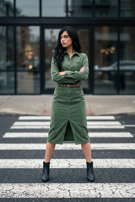 jupe corduroy kaki avec ceinture léopard