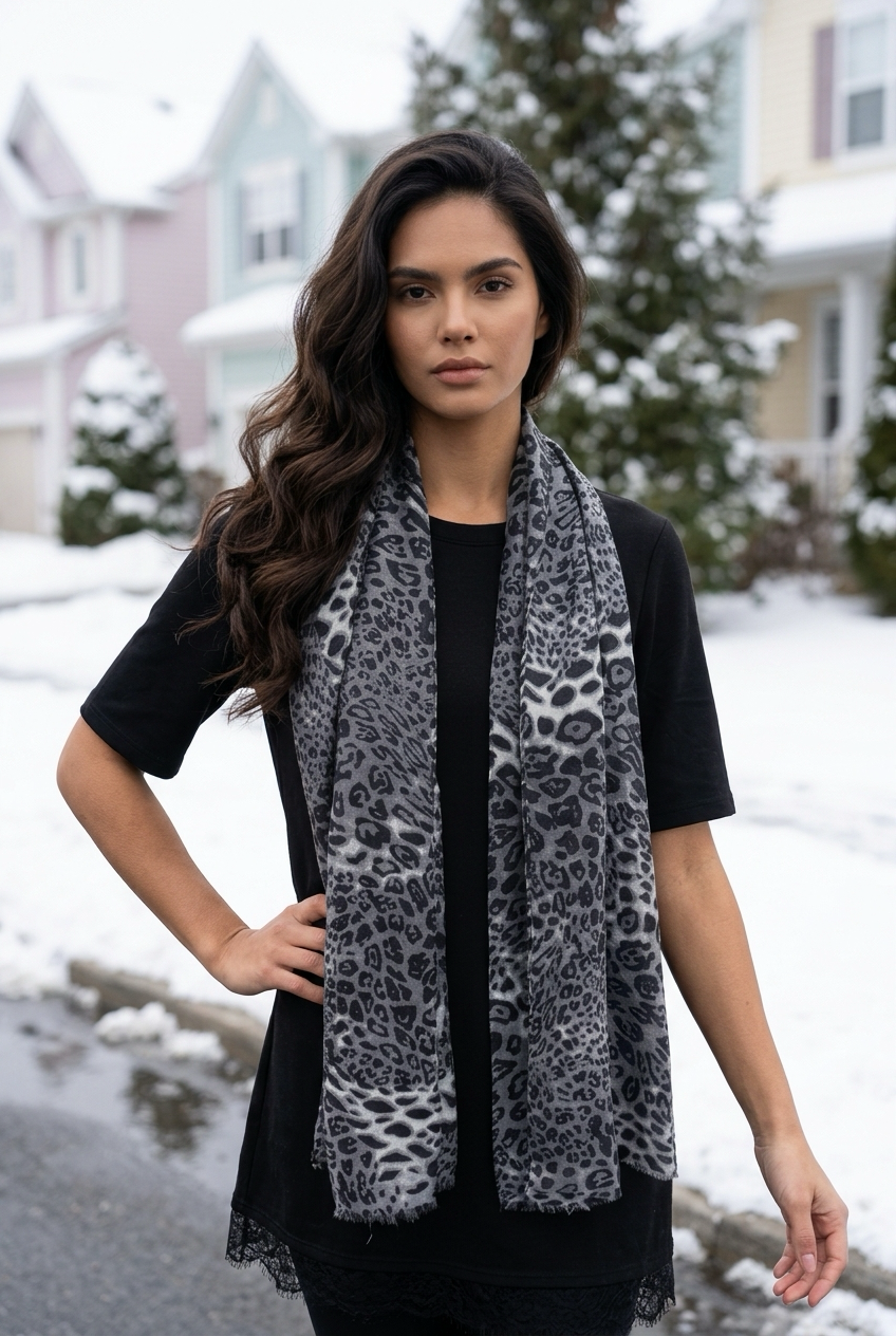 Foulard imprimé léopard dans des tons de gris et de noir